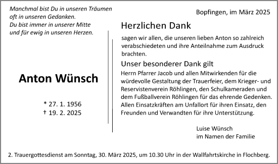 Traueranzeige von Anton Wünsch von Schwäbische Post