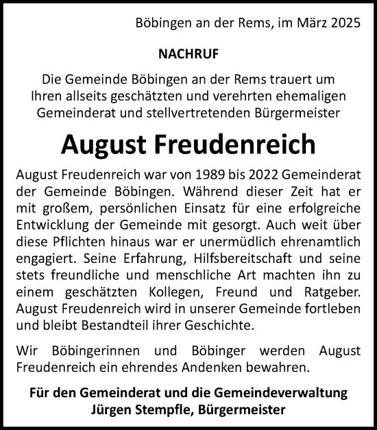 Traueranzeige von August Freudenreich von Gmünder Tagespost