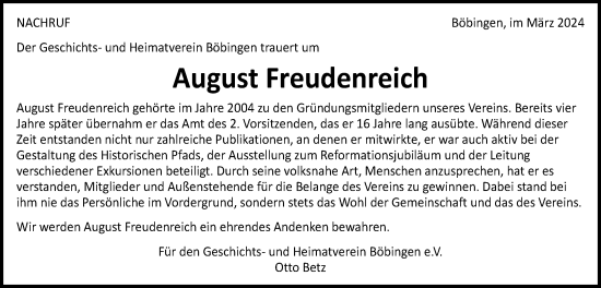 Traueranzeige von August Freudenreich von Gmünder Tagespost