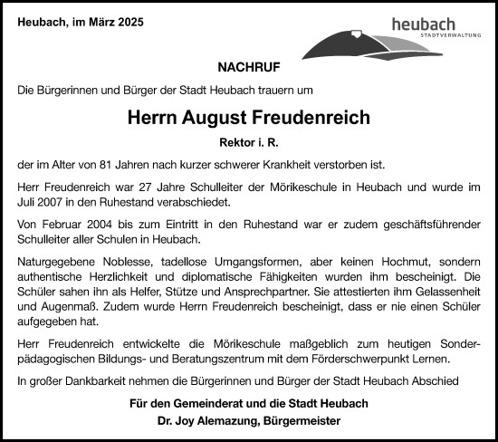 Traueranzeige von August Freudenreich von Gmünder Tagespost