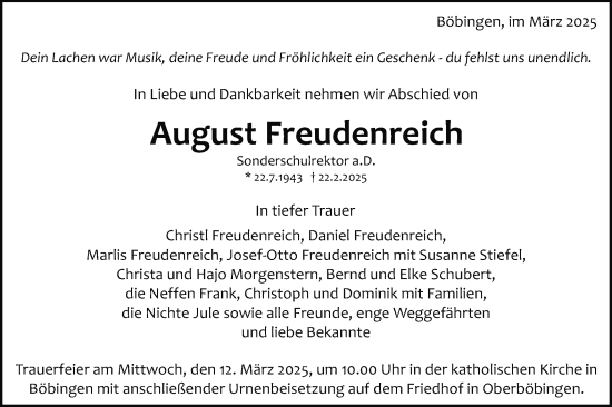 Traueranzeige von August Freudenreich von Gmünder Tagespost