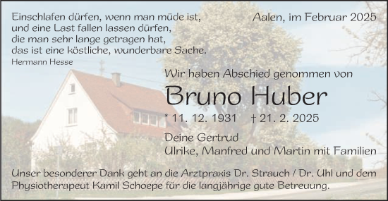 Traueranzeige von Bruno Huber von Schwäbische Post