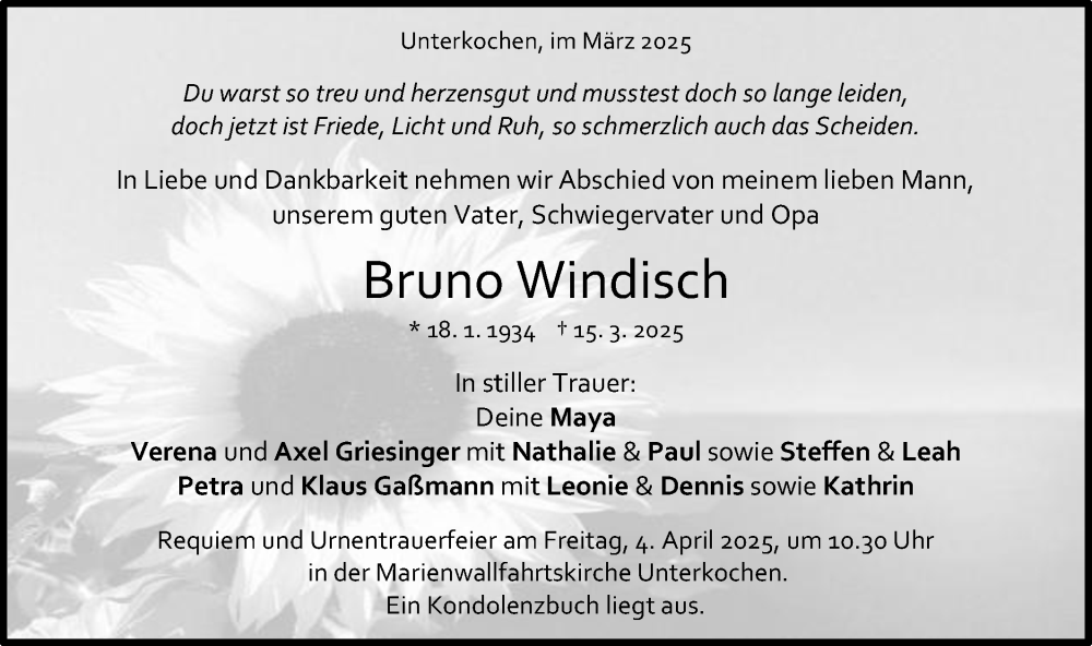  Traueranzeige für Bruno Windisch vom 29.03.2025 aus Schwäbische Post