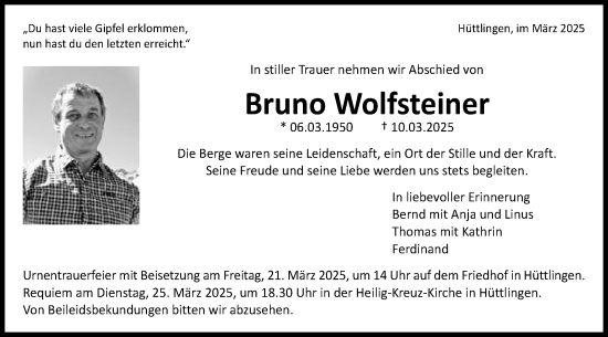 Traueranzeige von Bruno Wolfsteiner von Schwäbische Post