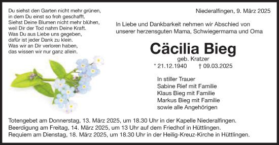 Traueranzeige von Cäcilia Bieg von Schwäbische Post