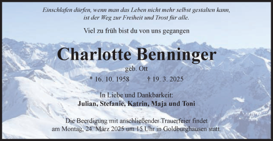 Traueranzeige von Charlotte Benninger von Schwäbische Post