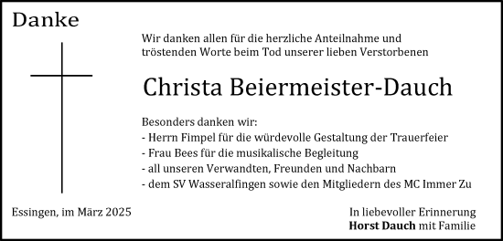 Traueranzeige von Christa Beiermeister-Dauch von Schwäbische Post
