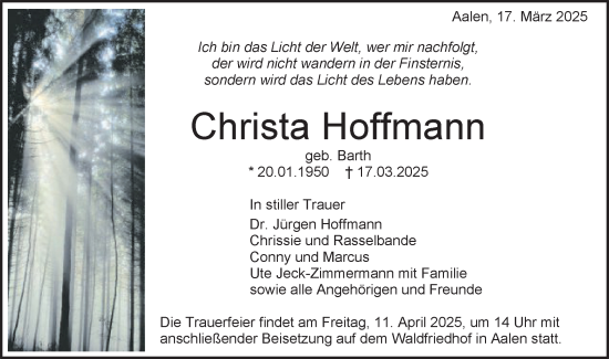 Traueranzeige von Christa Hoffmann von Schwäbische Post