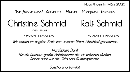 Traueranzeige von Christine und Ralf Schmid von Gmünder Tagespost