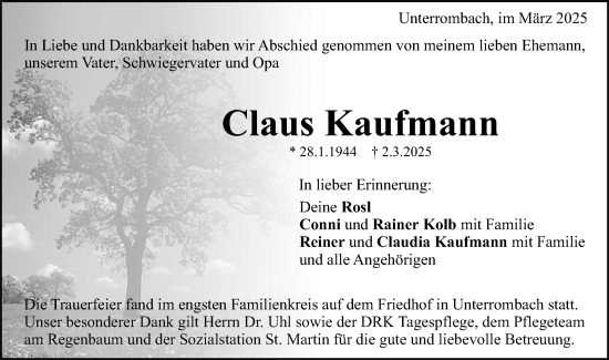 Traueranzeige von Claus Kaufmann von Schwäbische Post