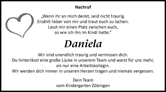 Traueranzeige von Daniela  von Schwäbische Post