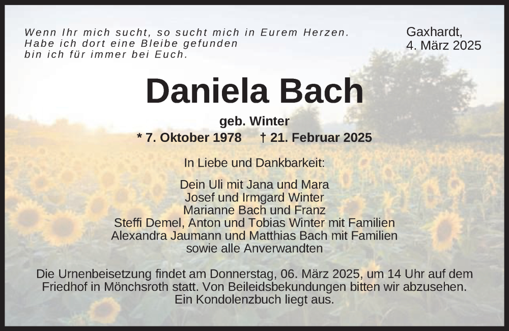  Traueranzeige für Daniela Bach vom 04.03.2025 aus Schwäbische Post
