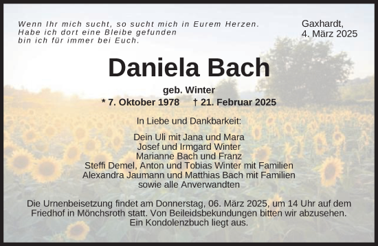 Traueranzeige von Daniela Bach von Schwäbische Post