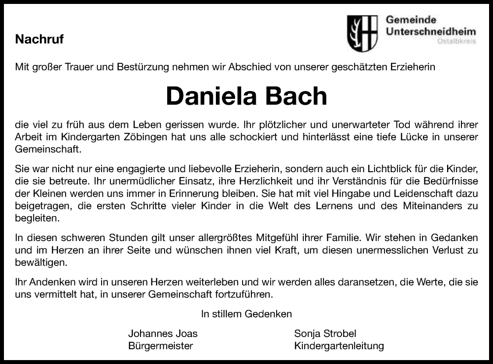  Traueranzeige für Daniela Bach vom 04.03.2025 aus Schwäbische Post
