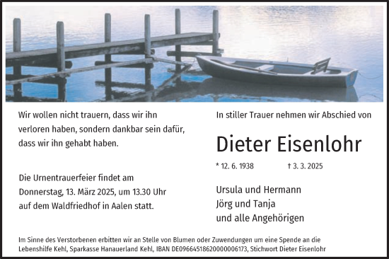 Traueranzeige von Dieter Eisenlohr von Schwäbische Post