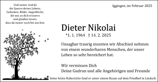 Traueranzeige von Dieter Nikolai von Gmünder Tagespost