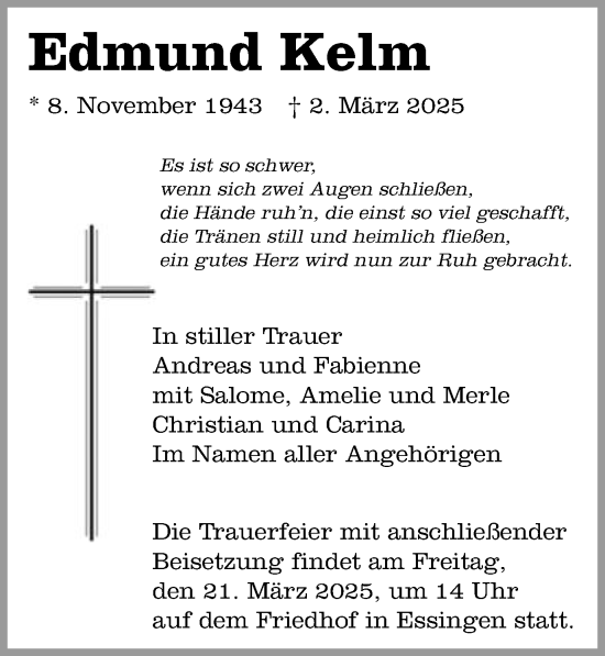 Traueranzeige von Edmund Kelm von Schwäbische Post