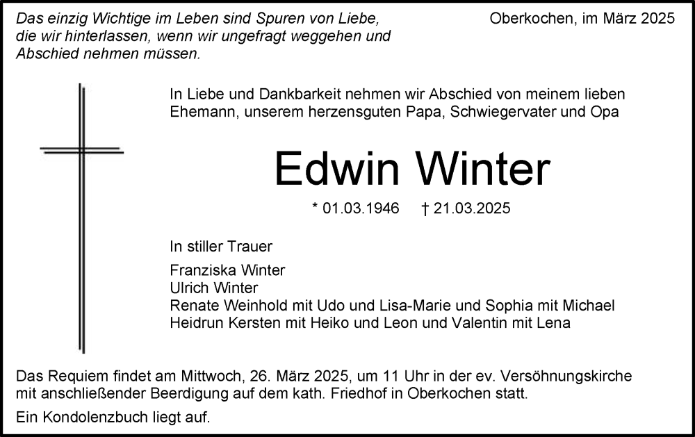  Traueranzeige für Edwin Winter vom 25.03.2025 aus Schwäbische Post