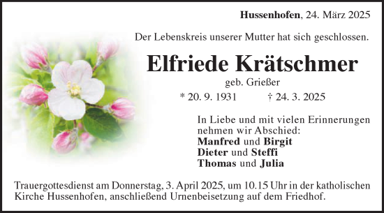 Traueranzeige von Elfriede Krätschmer von Gmünder Tagespost