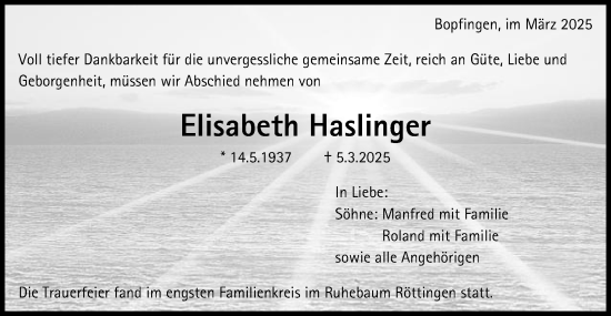 Traueranzeige von Elisabeth Haslinger von Schwäbische Post