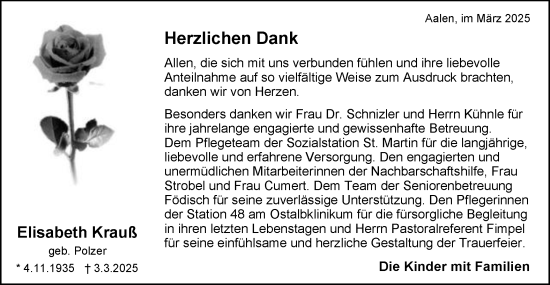 Traueranzeige von Elisabeth Krauß von Schwäbische Post