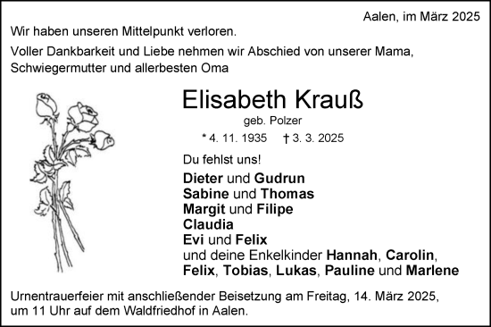 Traueranzeige von Elisabeth Krauß von Schwäbische Post