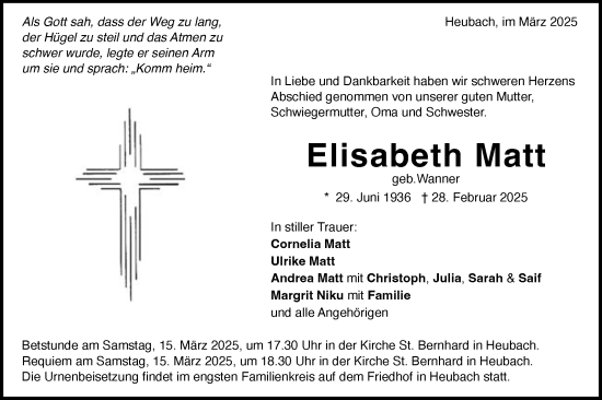Traueranzeige von Elisabeth Matt von Gmünder Tagespost
