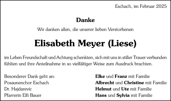 Traueranzeige von Elisabeth Meyer von Gmünder Tagespost