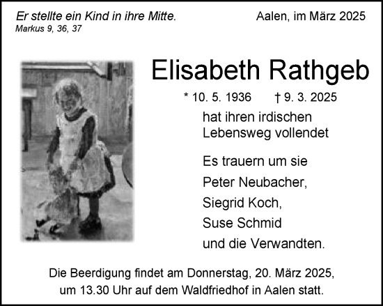 Traueranzeige von Elisabeth Rathgeb von Schwäbische Post