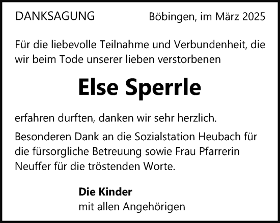 Traueranzeige von Else Sperrle von Gmünder Tagespost
