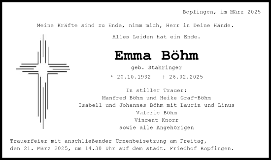 Traueranzeige von Emma Böhm von Schwäbische Post