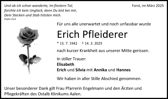 Traueranzeige von Erich Pfleiderer von Schwäbische Post