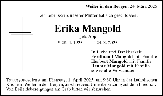 Traueranzeige von Erika Mangold von Gmünder Tagespost
