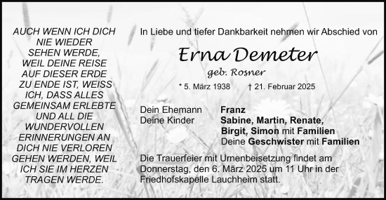 Traueranzeige von Erna Demeter von Schwäbische Post