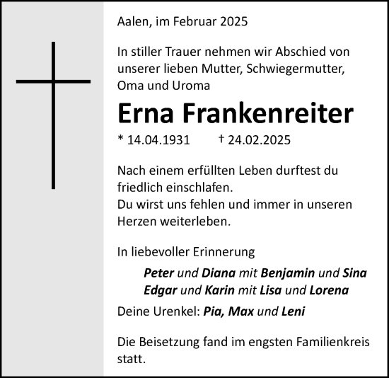 Traueranzeige von Erna Frankenreiter von Schwäbische Post