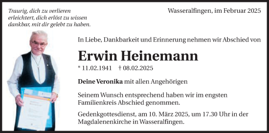 Traueranzeige von Erwin Heinemann von Schwäbische Post