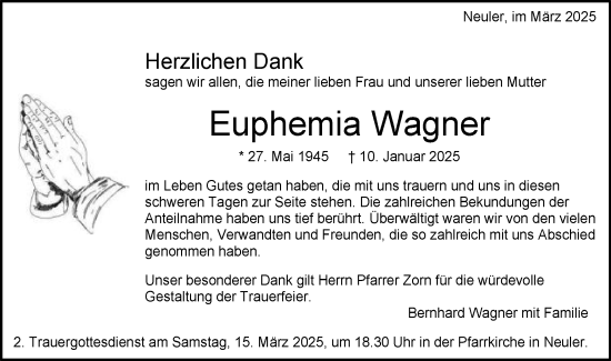 Traueranzeige von Euphemia Wagner von Schwäbische Post