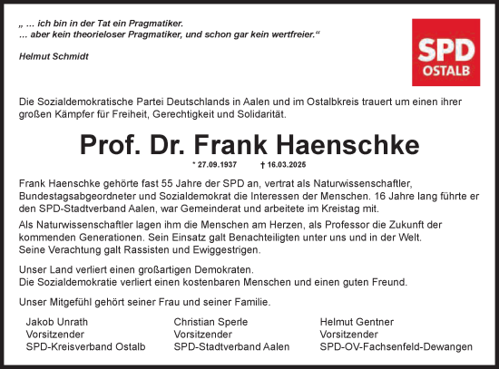 Traueranzeige von Frank Haenschke von Schwäbische Post
