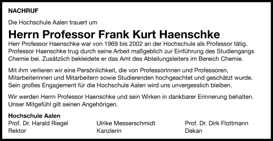 Traueranzeige von Frank Kurt Haenschke von Schwäbische Post
