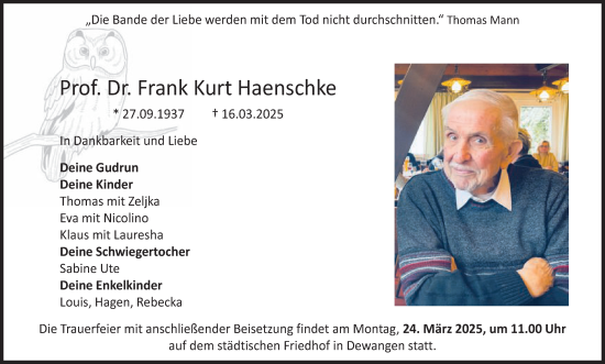 Traueranzeige von Frank Kurt Haenschke von Schwäbische Post