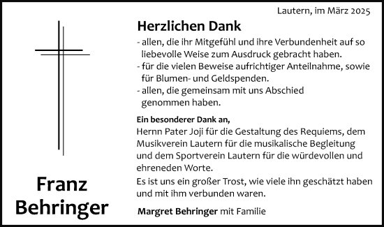 Traueranzeige von Franz Behringer von Gmünder Tagespost