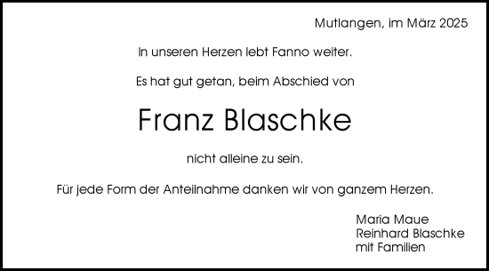 Traueranzeige von Franz Blaschke von Gmünder Tagespost