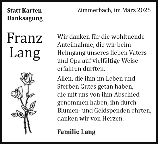 Traueranzeige von Franz Lang von Gmünder Tagespost