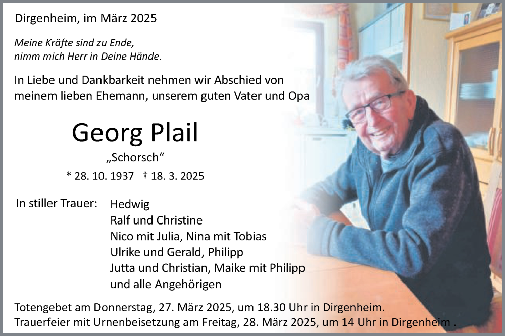  Traueranzeige für Georg Plail vom 25.03.2025 aus Schwäbische Post