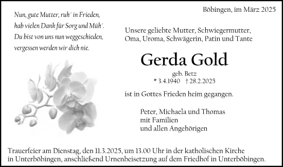 Traueranzeige von Gerda Gold von Gmünder Tagespost
