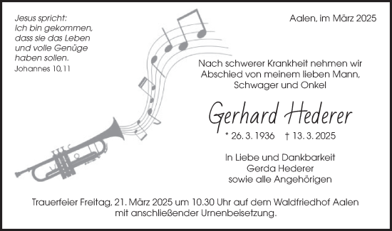 Traueranzeige von Gerhard Hederer von Schwäbische Post