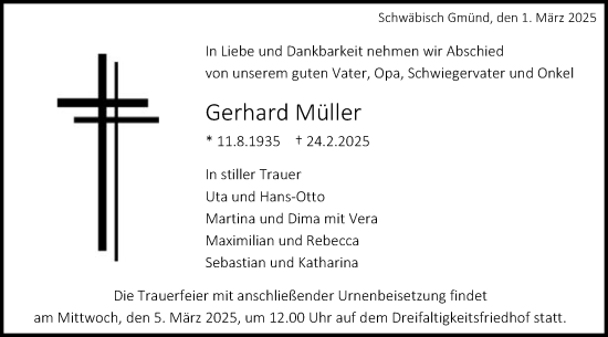 Traueranzeige von Gerhard Müller von Gmünder Tagespost