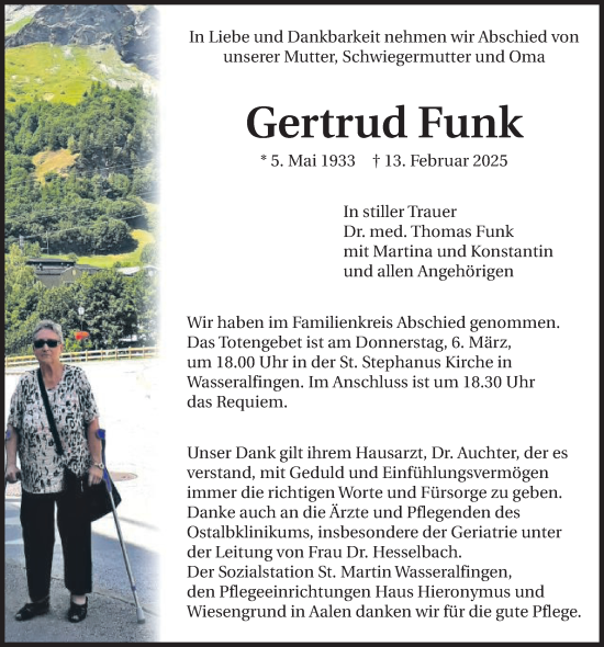 Traueranzeige von Gertrud Funk von Schwäbische Post
