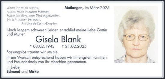 Traueranzeige von Gisela Blank von Gmünder Tagespost