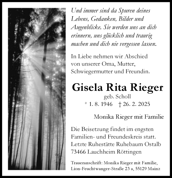 Traueranzeige von Gisela Rita Rieger von Schwäbische Post